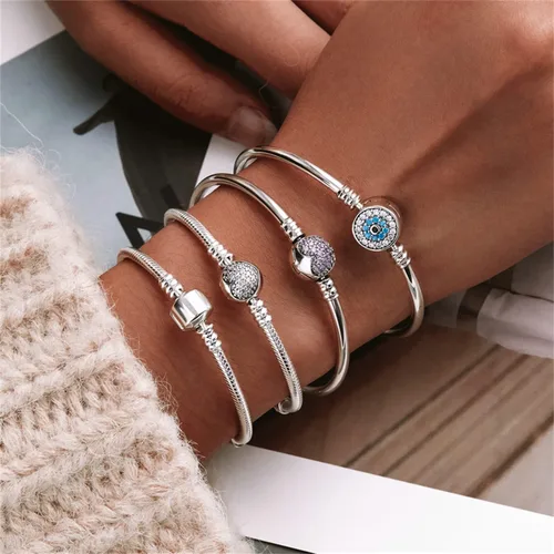 Vista 4 de BISAER Pulsera de plata de ley con cierre de dije para abalorios con piedras preciosas de zafiro, tapón de bloqueo de clip de ojo malvado