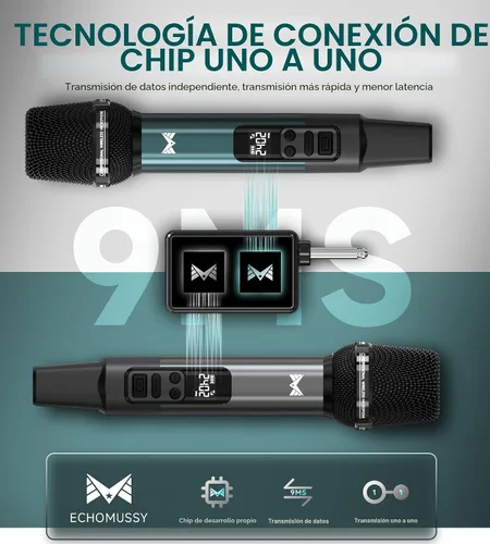 Vista 2 de Micrófono inalámbrico, micrófonos inalámbricos dinámicos de metal con conexión de chip uno a uno y receptor recargable, duración de 40 horas