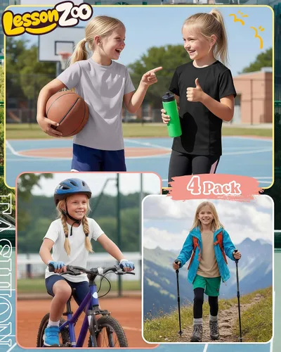 Vista 5 de Paquete de 4 camisetas atléticas de manga corta para niñas, de secado rápido, camisetas activas de verano con cuello redondo y ropa deportiva