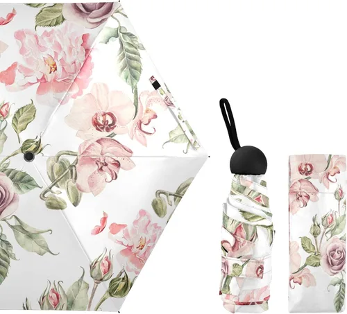 Vista 2 de Sombrilla de viaje plegable compacta con protección UV para 99% de protección UV, resistente al viento, a prueba de lluvia, pequeña luz a la moda