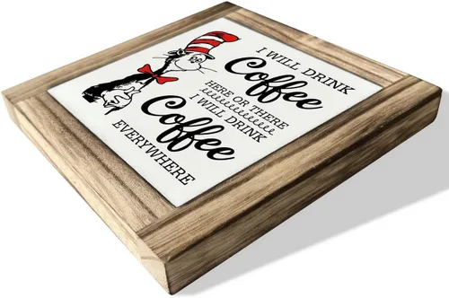 Vista 3 de Letrero de placa de madera con texto en inglés «I will Drink Coffee Everywhere», caja de madera decorativa de escritorio, placa rústica de madera