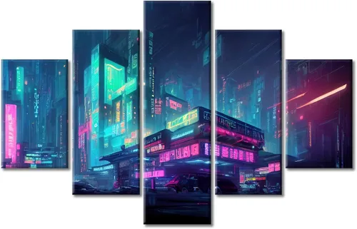 Vista 56 de Cuadros de 5 paneles de Cyberpunk City, arte de pared, representación de vallas publicitarias, edificios modernos en la capital con obras de arte