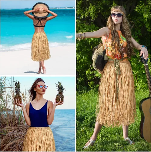 Vista 4 de Giegxin Faldas de hierba de rafia natural, falda tropical Luau Hula para adultos, mujeres y hombres, falda hawaiana para fiesta, disfraz de playa