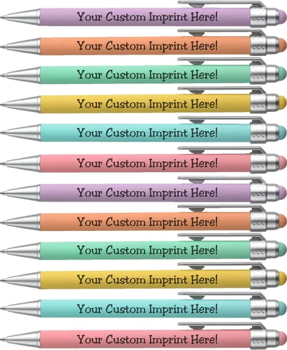 Vista 7 de ExpressDesigns™ - Bolígrafos personalizados pastel con lápiz capacitivo - Diseño suave al tacto - Bolígrafos con nombre impresos personalizados