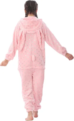 Vista 6 de WOYASIM Disfraz de franela para niños, disfraz de conejo de Pascua con lunares para niñas y niños, lindo conejo rosa
