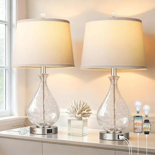 Vista 9 de QiMH Juego de 2 lámparas de mesa de cristal para sala de estar y dormitorio, luz LED de 22.5 pulgadas con control táctil, azul de 3 vías regulables