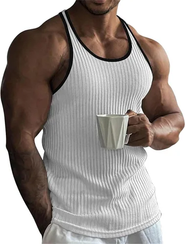 Vista 7 de Camisetas sin mangas para hombre, ajustadas, acanaladas, sin mangas, para gimnasio, entrenamiento, fisicoculturismo, camiseta sin mangas