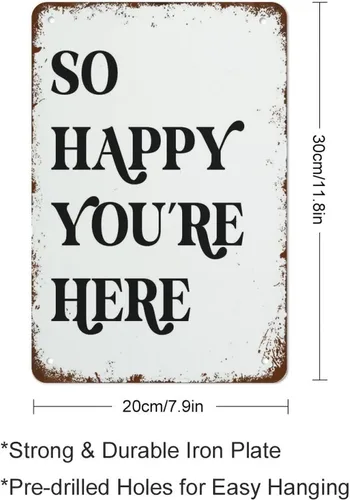 Vista 2 de So Happy You're Here - Impresión artística con cita inspiradora con cita de feliz pared, arte de pared de cuidado personal, retro, letrero de metal