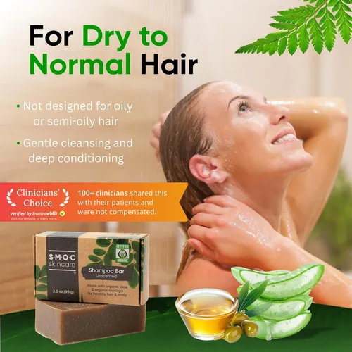 Vista 2 de Barra de champú orgánica certificada para cabello seco a normal, romero y moringa, aloe y aceite de oliva virgen extra para nutrición, ingredientes