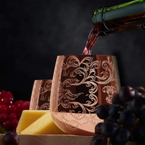 Vista 3 de Sky Fish Copas de Vino de Acero Inoxidable Sin Tallo con Grabado, de 18 oz Chapado en Cobre, Juego de 4