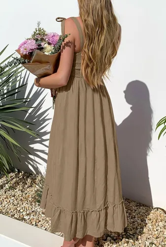 Vista 9 de ZESICA vestido bohemio y liso de verano para mujer acampanado con tirantes delgados cuello cuadrado y volantes vestido largo para la playa