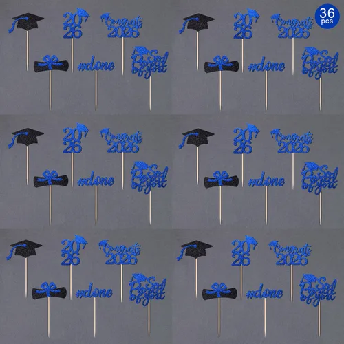 Vista 3 de 36 adornos para cupcakes de graduación de clase 2026, con purpurina azul de doble cara para suministros de fiesta de graduación, decoraciones