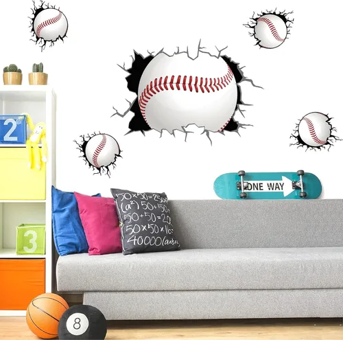 Vista 8 de Calcomanías de pared de béisbol 3D para decoración de dormitorio de Papel tapiz de béisbol, extraíble para despegar y pegar, decoración