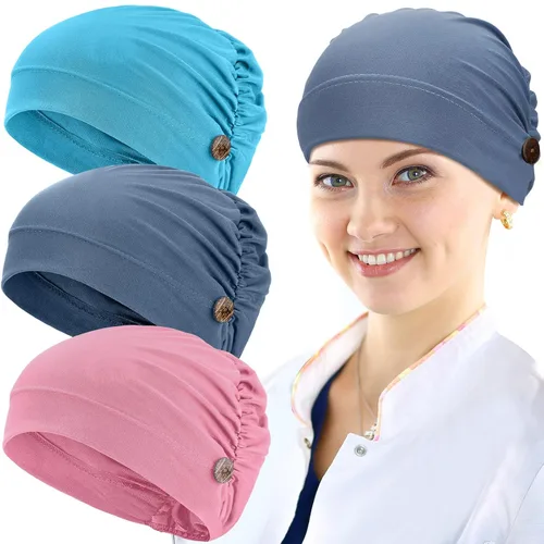Vista 16 de Geyoga Gorras Bouffant con botones, unisex, elástica, turbante con botones para mujer, 3 piezas, Negro, Talla única