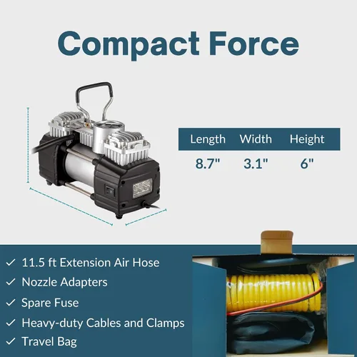Vista 3 de Compresor de Aire Asani de 12V - Bomba de Neumáticos Portátil y Compacta, Inflador de Neumáticos de Doble Cilindro Resistente de 150 PSI