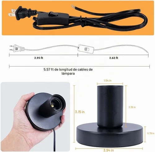 Vista 4 de Lámpara de mesa industrial, pequeña base de enchufe de luz de escritorio de metal pulido, soporte de bombilla de rosca Edison vintage E26/E27, cable