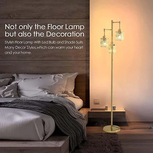 Vista 7 de Lámpara de pie industrial, lámpara de pie regulable, lámpara de árbol dorado, lámpara de pie con 3 elegantes pantallas de cristal para sala