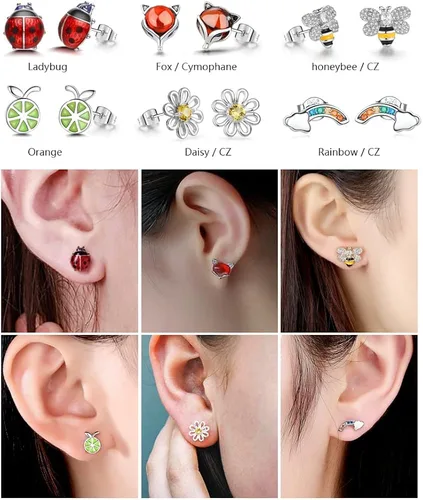 Vista 3 de Juego de 20 pares de aretes de ópalo de acero inoxidable para mujeres y niñas, animales arco iris, mariquita, abeja, mariposa, gato, serpiente