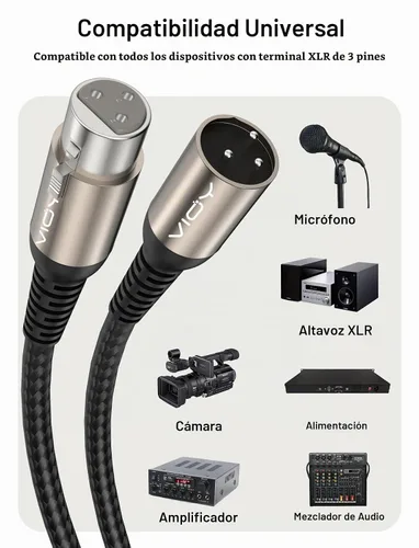 Vista 6 de VIOY Cable de micrófono XLR de 6.6 pies, cable de micrófono macho a hembra, cable equilibrado de 3 pines - cable de extensión XLR trenzado de nailon