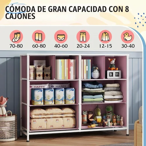 Vista 4 de WLIVE Cómoda de 8 cajones para dormitorio, cómoda ancha, rosa nublado