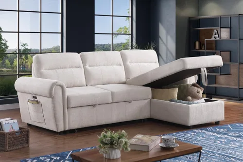 Vista 3 de Lilola Home Hugo Sofá modular reversible de felpilla beige de 97 pulgadas con diván de almacenamiento, cama extraíble, puertos de carga USB