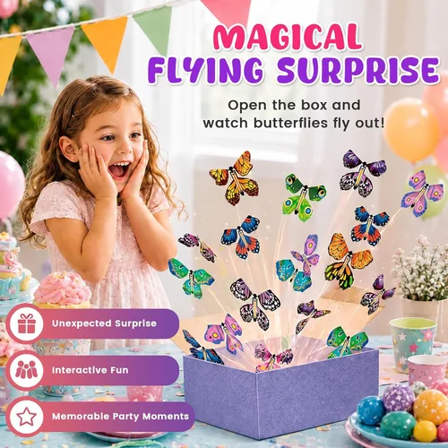 Vista 2 de MCPINKY 26 juguetes mágicos de mariposa voladora, juguete de mariposa de cuerda de hada, juguetes voladores en el libro, caja de explosión sorpresa