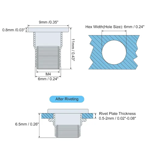 Vista 2 de uxcell M4 - Tuercas de remache de cuerpo hexagonal, 60 tuercas roscadas de cabeza plana de acero inoxidable 304 para metal, plástico