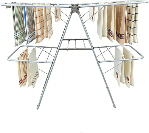 Vista 8 de Tendedero plegable de altura ajustable, gran espacio, estante de lavandería alado con clips para calcetines para colgar toallas, ropa, ropa de cama