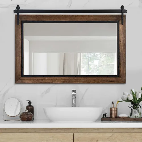 Vista 11 de Espejo de Puerta de Granero Estilo Granja, 32"x24" Espejo de Baño Rústico, Espejo de Pared con Marco de Madera, Espejo de Madera para Sala de Estar