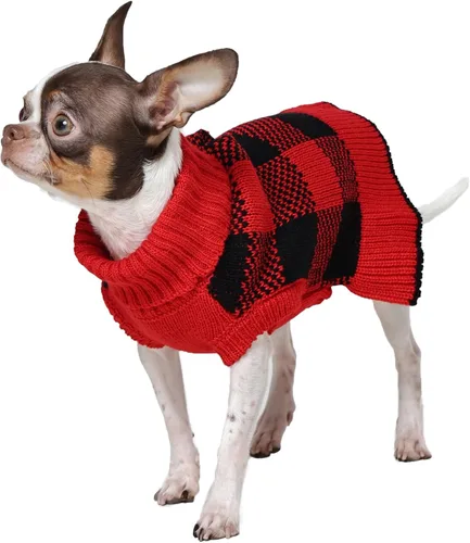 Vista 13 de QBLEEV Suéter navideño clásico a cuadros para perro, suéter elástico cálido con agujero para correa, suéteres de Navidad de cuello alto