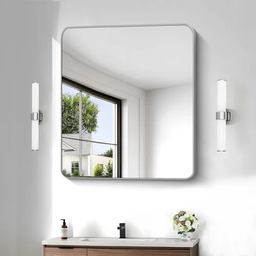 Vista 32 de Espejo de baño negro, espejos cuadrados de 18 x 18 pulgadas para pared, marco de metal, espejo de tocador de esquina redondeada para sobre