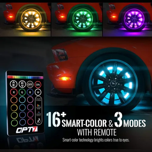 Vista 2 de OPT7 Aura juego de tira LED de doble fila para ruedas - Tiras flexibles multicolores de 24 pulgadas, 4 unidades - SoundSync, 16 colores, incluye