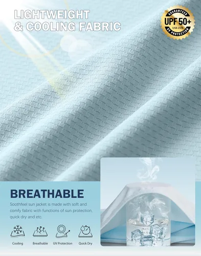 Vista 7 de Soothfeel Chaqueta con capucha y protección solar UPF 50+ para mujer, ligera, de manga larga, con bolsillo, para senderismo al aire libre d-celeste