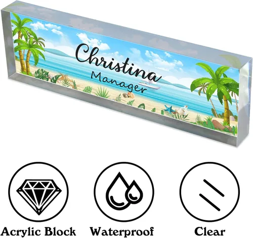 Vista 4 de Placas de nombre de escritorio para oficina, placas de identificación acrílicas personalizadas para escritorios, diseño de flores en decoración