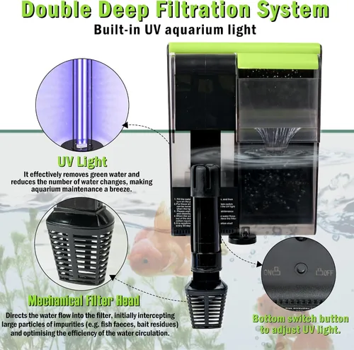 Vista 2 de MALLMALL6 Filtro de acuario con luz U-V, carbón activado silencioso para colgar en la parte posterior, filtración de agua para tanque de peces con 2