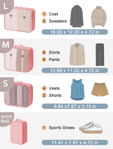 Vista 2 de Cubos de embalaje para viajes, 8 cubos de viaje, organizador de maletas plegable, bolsa de almacenamiento de equipaje ligera (color rosa).