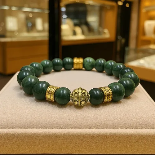 Vista 6 de Kartini Studio Pulsera de jade y oro, pulsera de cuentas de jade verde oscuro y oro, joyería de cuentas de calidad para hombre