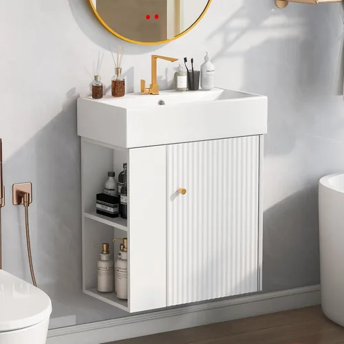 Vista 17 de Harper & Bright Designs Tocador de baño de 21.6" con lavabo, conjunto de tocador independiente de lavabo individual con gabinete de almacenamiento