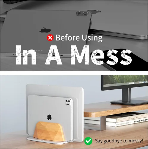 Vista 6 de AFOOYO Soporte vertical para laptop, soporte ajustable de madera con doble ranuras, base de escritorio compatible con todos los MacBook, Surface