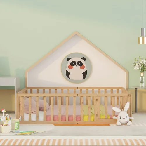 Vista 3 de SOFTSEA Marco de cama de suelo con valla, marco de cama Montessori Queen para niños pequeños, sin listones de cama
