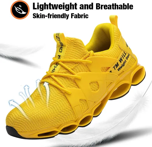 Vista 5 de Kezhiho Tenis de trabajo con punta de acero para hombre y mujer, amarillos, ligeros, transpirables, antideslizantes, construcción indestructible