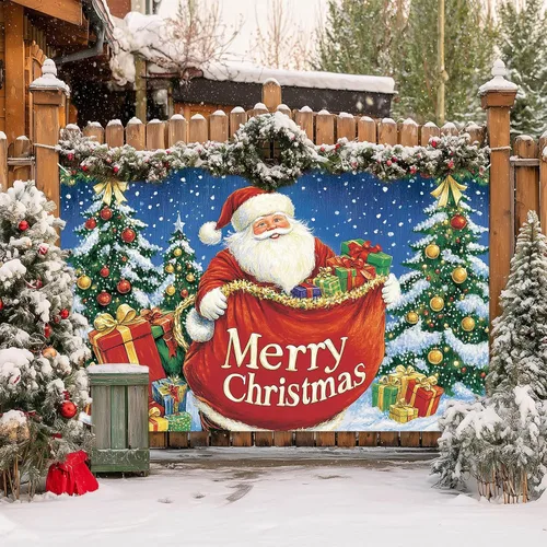 Vista 7 de HOMETITUTE Cartel de Feliz Navidad de Papá Noel de 71 x 43 pulgadas, telón de fondo navideño con bolsa de regalo y árbol de Navidad para interiores