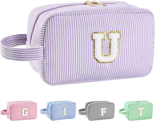 Vista 55 de Bolsa de maquillaje personalizada con inicial A-Z para mujeres, niñas y niños, bolsa de aseo de viaje, bolsa de maquillaje preparada, bolsa