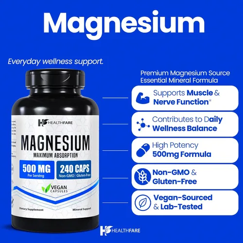 Vista 2 de HealthFare Magnesio 500mg 240 cápsulas veganas Suplemento mineral esencial extra fuerte Fórmula de alta absorción Sin OMG, sin gluten