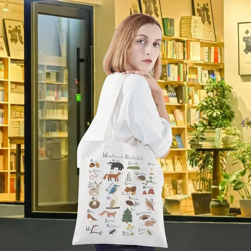 Vista 6 de LEVLO Bolsa de lona con diseño de alfabeto de animales - Bolsa de comestibles con temática de bosque A-Z