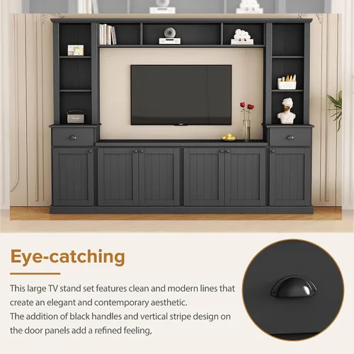 Vista 4 de Merax Minimalist 103" Entertainment Wall Unit Set with Overhead Bridge for TVs Up to 75", Modern Large Media Console with Adjustable Shelves, Ample