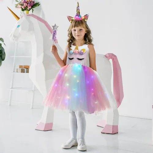 Vista 6 de Girls Unicorn Tutu Costumes Dress Light Up Unicorn LED Headband Princess Birthday Dress Up Clothes Girl Gift