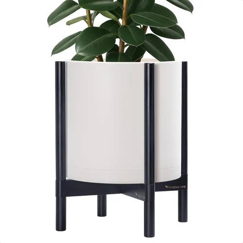 Vista 24 de Maceta de D'vine Dev con soporte - Maceta de flores de cilindro de plástico de 8.0 pulgadas con soporte de madera para interiores, maceta mate negra