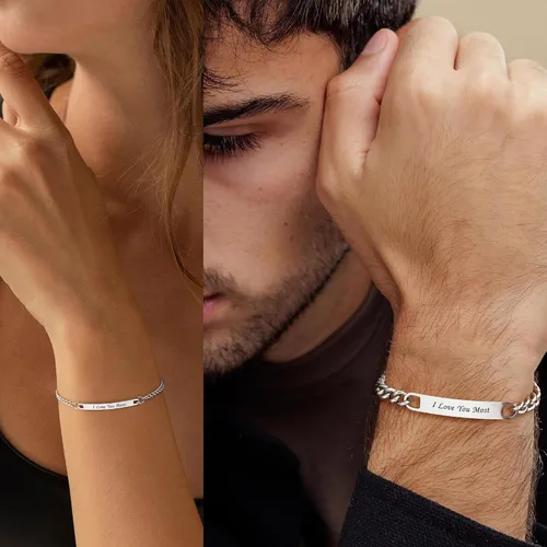 Vista 5 de Pulseras a juego, pulseras de pareja, regalos de aniversario para él y ella, novio y novia, pulseras de acero inoxidable, joyería de relación