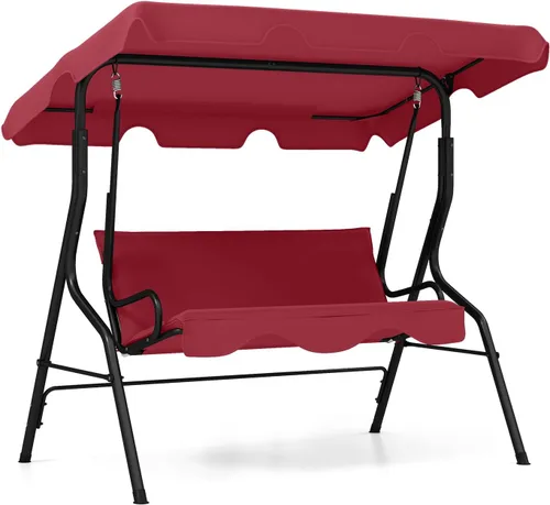 Vista 10 de RELAX4LIFE Silla columpio para porche para 3 personas, columpio para exteriores con toldo ajustable, cojín extraíble y soporte de marco de metal
